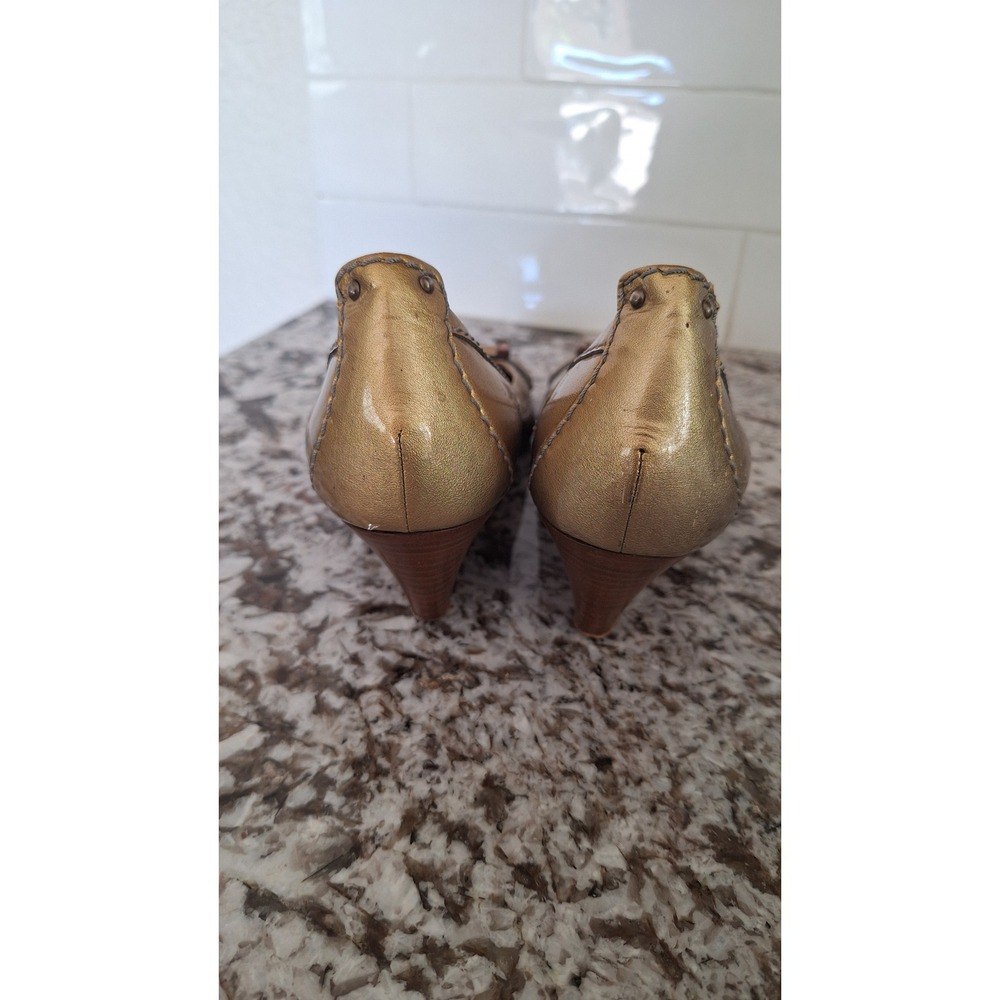 Chloe Metallic Gold Leather Wedge Pumps Wood Buckle Detail Made in Italy 38.5 - Picture 5 of 12